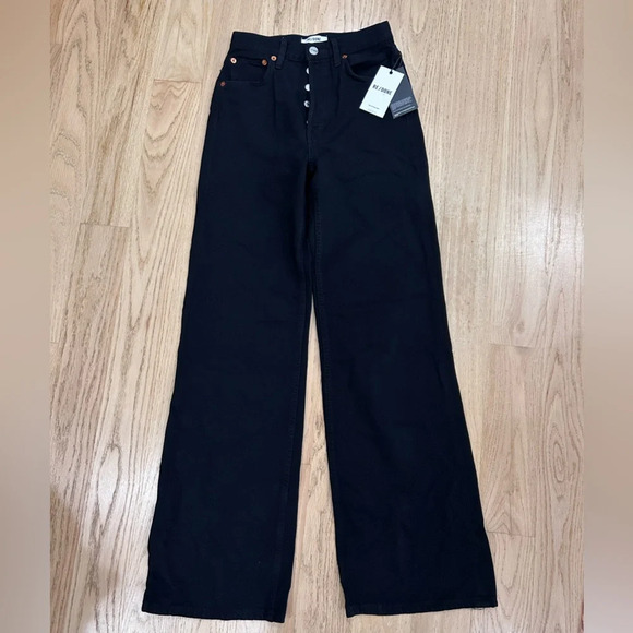 Re/Done 70s Stove Pipe Ultra High Rise Wide Leg Jeans Black Denim Size 24 $298 - Picture 2 of 13